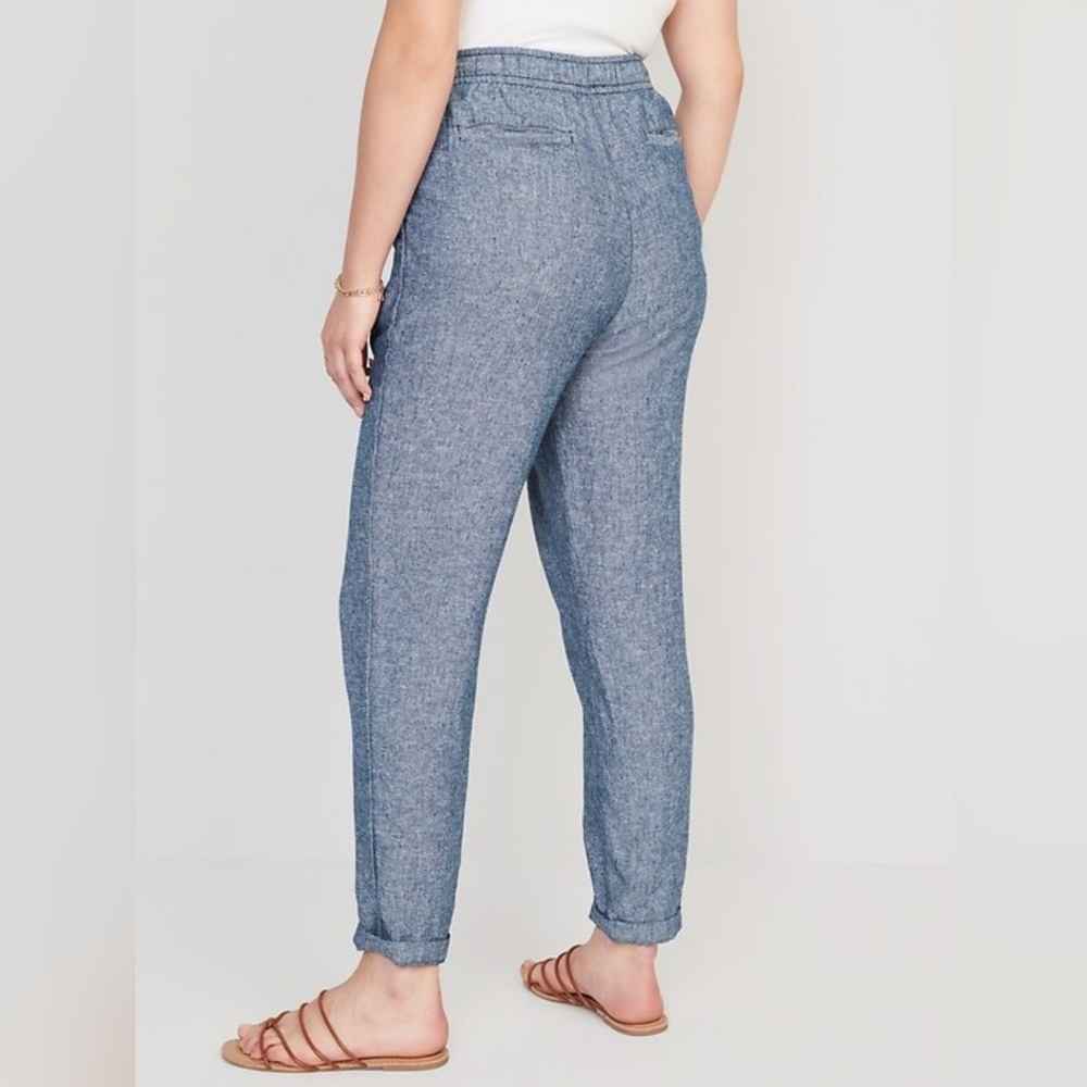 High-Waisted Chambray Cropped Linen-Blend Tapered Small Blue Pants-Women OldNavy